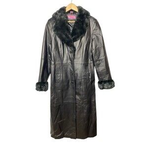 Women's Long Black Leather Trench Coat Faux Fur Trim Excelled Collection Size L
